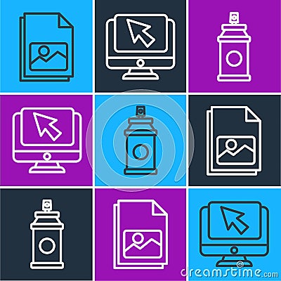 Set line Picture landscape, Paint spray can and Computer monitor and cursor icon. Vector Vector Illustration