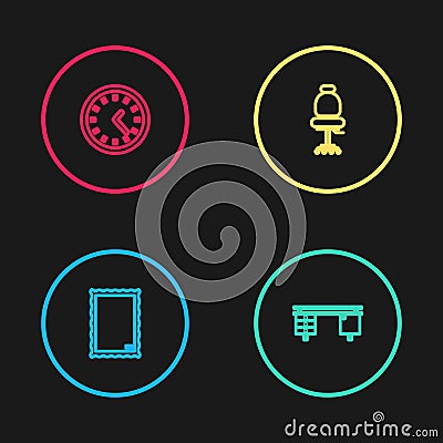 Set line Picture, Office desk, chair and Clock icon. Vector Stock Photo