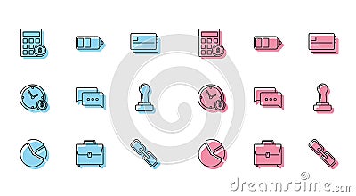 Set line Pie chart infographic, Briefcase, Calculator with dollar symbol, Chain link, Speech bubble chat, Stamp, Time is Vector Illustration