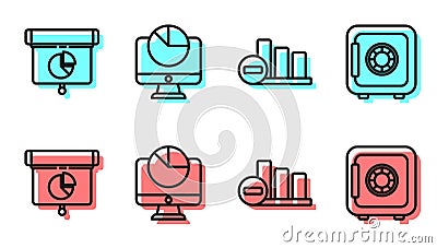 Set line Pie chart infographic, Graph, chart, diagram, infographic, Computer monitor with graph chart and Safe icon Vector Illustration