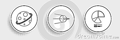 Set line Pie chart infographic, Planet and Satellite icon. Vector Vector Illustration