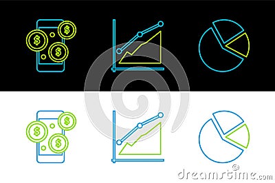 Set line Pie chart infographic, Smartphone with dollar symbol and icon. Vector Vector Illustration