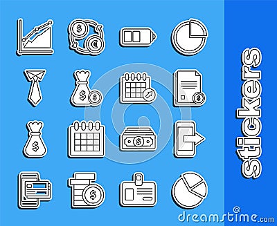 Set line Pie chart infographic, Smartphone, mobile phone, Finance document, Battery charge level indicator, Money bag Vector Illustration