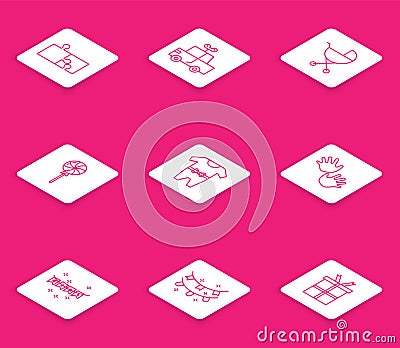 Set line Piece of puzzle, Toy car, Baby stroller, Lollipop, clothes, hands print, Carnival garland with flags and icon Vector Illustration