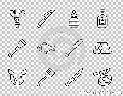 Set line Pig, Steak meat and knife, Camping gas stove, Spatula, Sausage on the fork, Fish, Meat chopper and Wooden logs Stock Photo