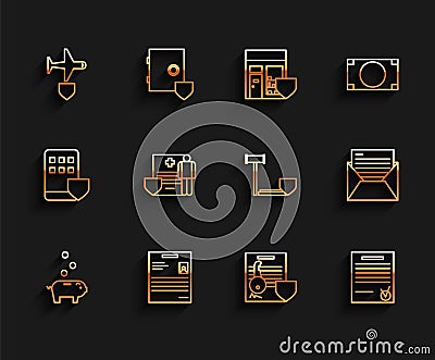 Set line Piggy bank with coin, Personal document, Plane shield, Document key, Confirmed and check mark, Medical Vector Illustration