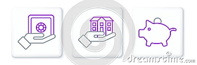 Set line Piggy bank, Safe in hand and House icon. Vector Stock Photo