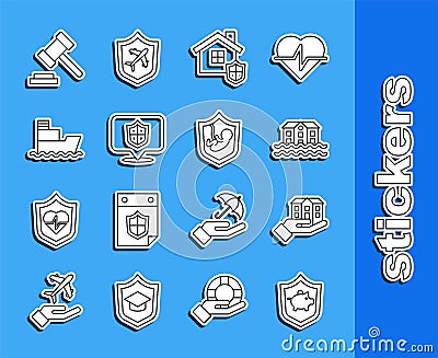 Set line Piggy bank with shield, House in hand, flood, Location, Ship, Judge gavel and Life insurance icon. Vector Stock Photo