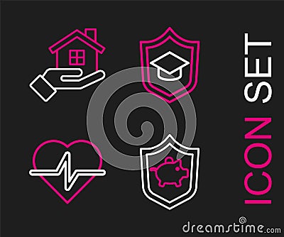 Set line Piggy bank with shield, Life insurance, Graduation cap and House hand icon. Vector Vector Illustration