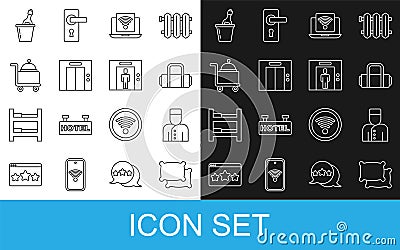 Set line Pillow, Concierge, Suitcase, Wireless laptop, Lift, Covered with tray, Champagne in an ice bucket and icon Vector Illustration