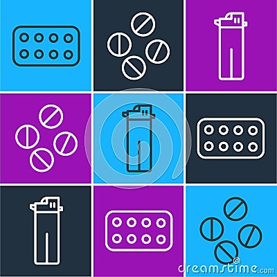 Set line Pills in blister pack, Lighter and Medicine pill or tablet icon. Vector Vector Illustration