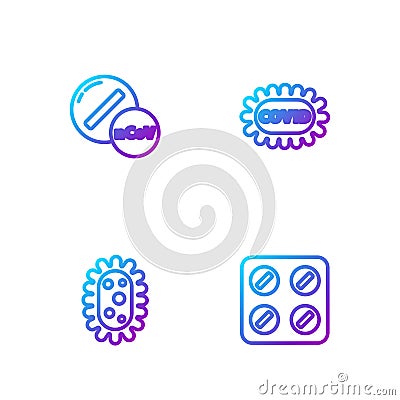 Set line Pills in blister pack, Virus, Medicine pill or tablet and Corona virus covid-19. Gradient color icons. Vector Vector Illustration