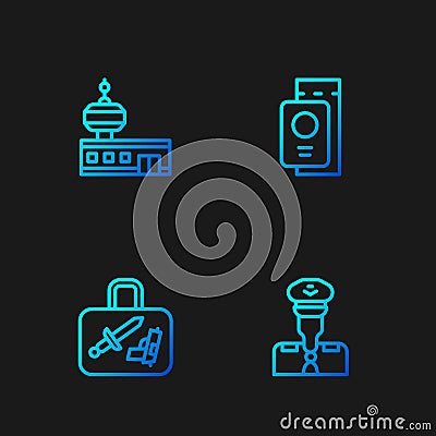 Set line Pilot, Suitcase, Airport control tower and Passport with ticket. Gradient color icons. Vector Vector Illustration