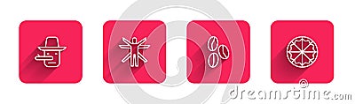 Set line Pinocchio, Vitruvian Man, Coffee beans and Pizza with long shadow. Red square button. Vector Vector Illustration