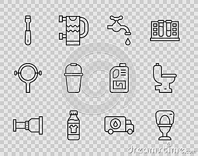Set line Pipe adapter, Toilet bowl, Water tap, Bottle for cleaning agent, Screwdriver, Bucket, Plumber service car and Vector Illustration
