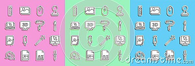 Set line Pipette, Computer monitor and cursor, Paint brush, mouse, Speech bubble with text 3D, Laptop, Ruler and roller Vector Illustration