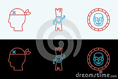 Set line Pirate coin, captain and Decree, parchment, scroll icon. Vector Vector Illustration