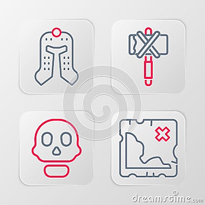 Set line Pirate treasure map, Skull, Medieval axe and helmet icon. Vector Vector Illustration