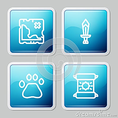 Set line Pirate treasure map, Sword for game, Bear paw footprint and Decree, parchment, scroll icon. Vector Vector Illustration