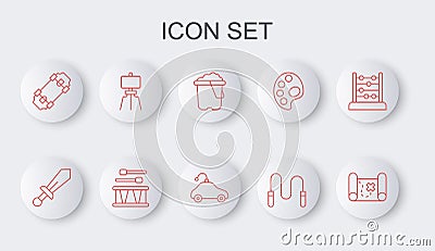 Set line Pirate treasure map, Sword toy, Sand in bucket, Jump rope, Skateboard, Wood easel, Drum with drum sticks and Stock Photo