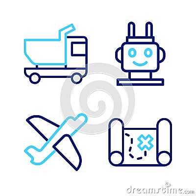 Set line Pirate treasure map, Toy plane, Robot toy and truck icon. Vector Stock Photo