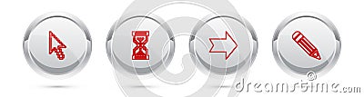 Set line Pixel arrow cursor, Hourglass pixel, Arrow and Pencil. Silver circle button. Vector Vector Illustration