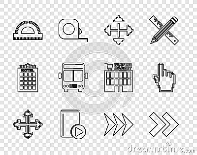 Set line Pixel arrows in four directions, Arrow, Audio book, Protractor grid, Bus, and hand cursor icon. Vector Vector Illustration