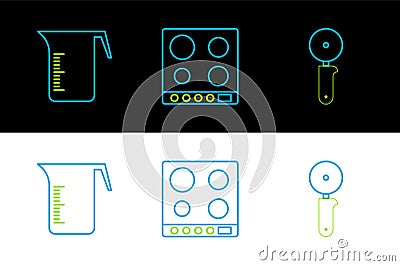 Set line Pizza knife, Measuring cup and Gas stove icon. Vector Stock Photo