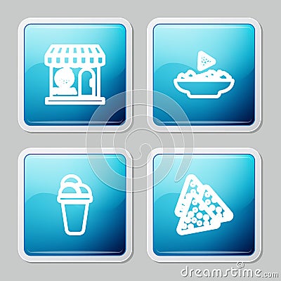 Set line Pizzeria building facade, Nachos plate, Ice cream and icon. Vector Vector Illustration