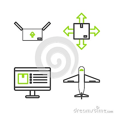 Set line Plane, Computer monitor with app delivery tracking, Cardboard box traffic symbol and icon. Vector Stock Photo