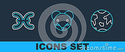 Set line Planet Earth, Pisces zodiac and Rat icon. Vector Vector Illustration
