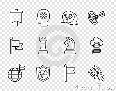 Set line Planet with flag, Target, Flag, Shield, Chess, and Stair finish icon. Vector Vector Illustration