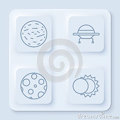 Set line Planet Mars, UFO flying spaceship, Moon and Eclipse of the sun. White square button. Vector Vector Illustration