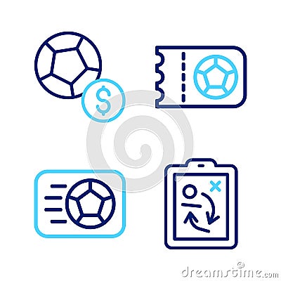 Set line Planning strategy concept, Soccer football ball, Football or soccer ticket and icon. Vector Vector Illustration