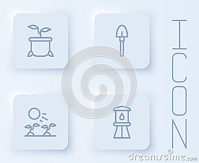 Set line Plant in pot, Shovel, sprouts grow the sun and Water tower. White square button. Vector Vector Illustration