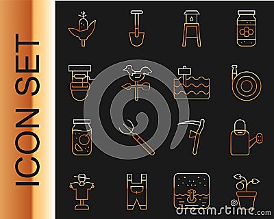 Set line Plant in pot, Watering can, Garden hose, tower, Rooster weather vane, Well with bucket, Corn and bed icon Vector Illustration