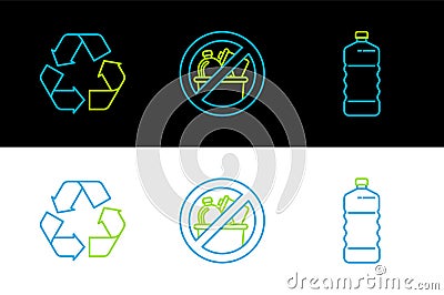 Set line Plastic bottle, Recycle symbol and No trash icon. Vector Stock Photo