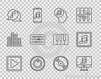 Set line Play in square, Computer with music note, Musical human head, Power button, speech bubble, Sound mixer Vector Illustration