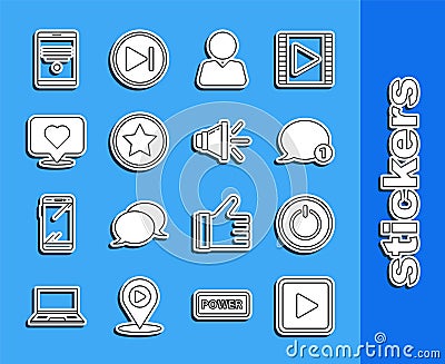 Set line Play in square, Power button, Speech bubble chat, Add friend, Star, Like and heart, Tablet and Speaker volume Vector Illustration