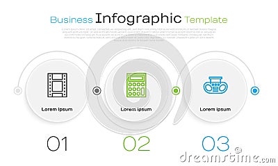 Set line Play Video, Calculator and Home stereo with two speakers. Business infographic template. Vector Vector Illustration
