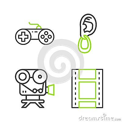 Set line Play Video, Retro cinema camera, Ear with earring and Gamepad icon. Vector Vector Illustration