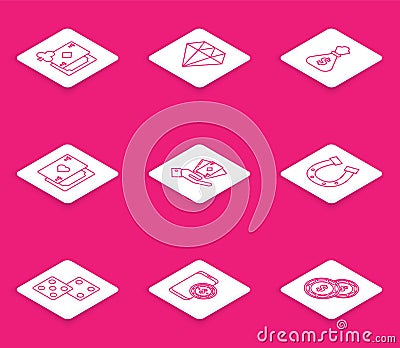 Set line Playing card with diamonds, Diamond, Money bag, heart, Hand holding deck of playing cards, Horseshoe, Game dice Stock Photo