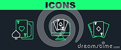 Set line Playing card with diamonds, heart and Online poker table game icon. Vector Vector Illustration