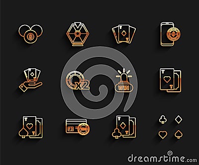 Set line Playing card with heart, Credit, Billiard pool snooker 8 ball, diamonds, cards, Casino chips, and win icon Vector Illustration