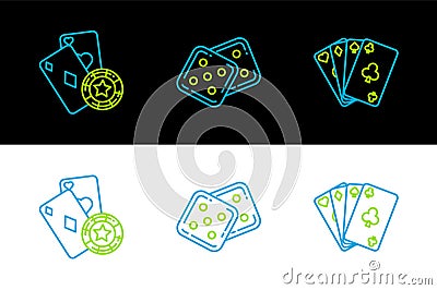 Set line Playing cards, Casino chip and playing and Game dice icon. Vector Vector Illustration