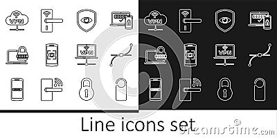 Set line Please do not disturb, Bezier curve, Shield and eye, Mobile scan, Laptop with password, VPN Network cloud Vector Illustration