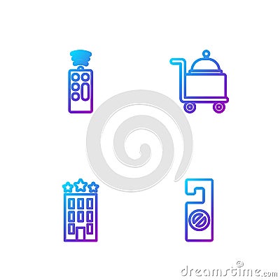 Set line Please do not disturb, Hotel building, Remote control and Covered with tray. Gradient color icons. Vector Vector Illustration