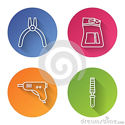 Set line Pliers tool, Cement bag, Electric hot glue gun and Chisel tool for wood. Color circle button. Vector Vector Illustration