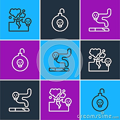 Set line Poisonous cloud of gas or smoke, Cigarette and Nuclear bomb icon. Vector Vector Illustration