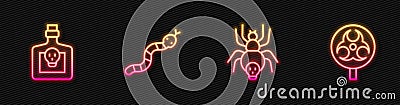Set line Poisonous spider, Bottle with potion, Snake and Biohazard symbol. Glowing neon icon. Vector Vector Illustration